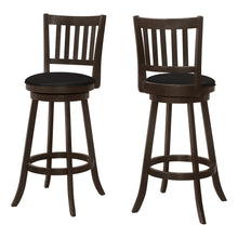 Charger l&#39;image dans la galerie, Bar Stool, Set Of 2, Swivel, Bar Height, Wood, Leather Look, Dark Brown, Black, Traditional
