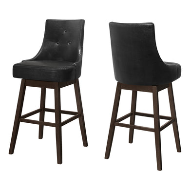 Bar Stool, Set Of 2, Swivel, Bar Height, Solid Wood, Leather Look, Black, Espresso, Transitional