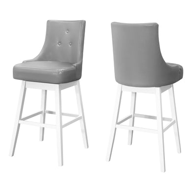 Bar Stool, Set Of 2, Swivel, Bar Height, Solid Wood, Leather Look, Grey, Transitional