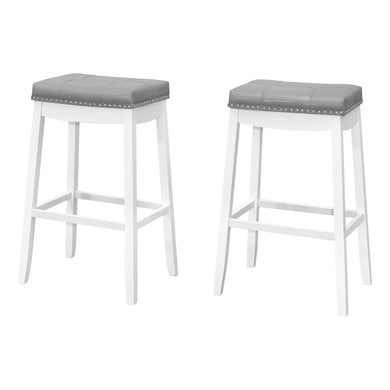 Bar Stool, Set Of 2, Bar Height, Saddle Seat, Solid Wood, Leather Look, White, Grey, Traditional