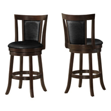 Load image into Gallery viewer, Bar Stool, Set Of 2, Swivel, Counter Height, Wood, Leather Look, Dark Brown, Black, Transitional
