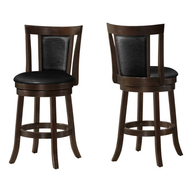 Bar Stool, Set Of 2, Swivel, Counter Height, Wood, Leather Look, Dark Brown, Black, Transitional