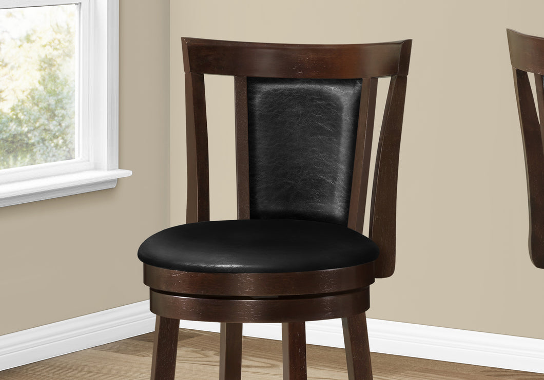 Bar Stool, Set Of 2, Swivel, Counter Height, Wood, Leather Look, Dark Brown, Black, Transitional