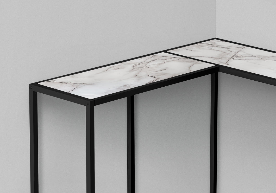 Accent Table, Console, Entryway, Narrow, Corner, Living Room, Bedroom, Metal Frame, Laminate, White Marble Look, Black, Contemporary, Modern