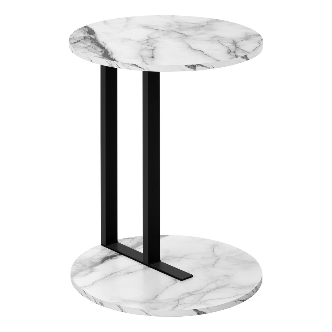 Accent Table, C-Shaped, End, Side, Snack, Living Room, Bedroom, Metal Base, Laminate, White Marble Look, Black, Contemporary, Modern