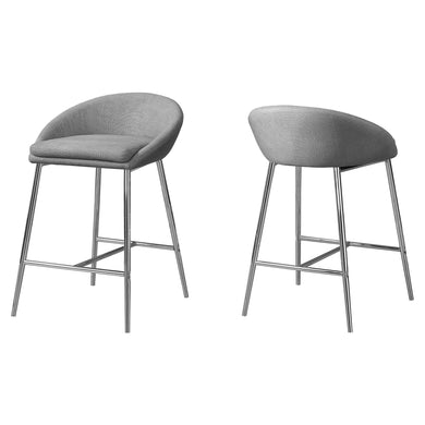 Bar Stool, Set Of 2, Counter Height, Kitchen, Metal, Leather Look, Grey, Chrome, Contemporary, Modern