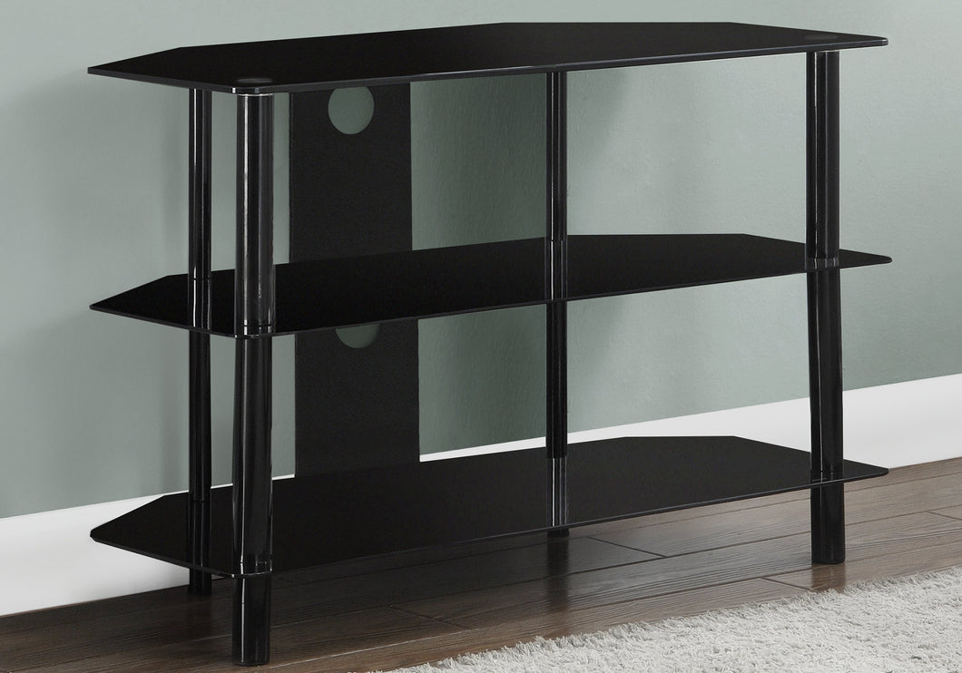 Meuble TV, 36 pouces, console, centre de divertissement multimédia, meuble de rangement, salon, chambre à coucher, verre trempé, métal, noir, teinté noir, contemporain, moderne