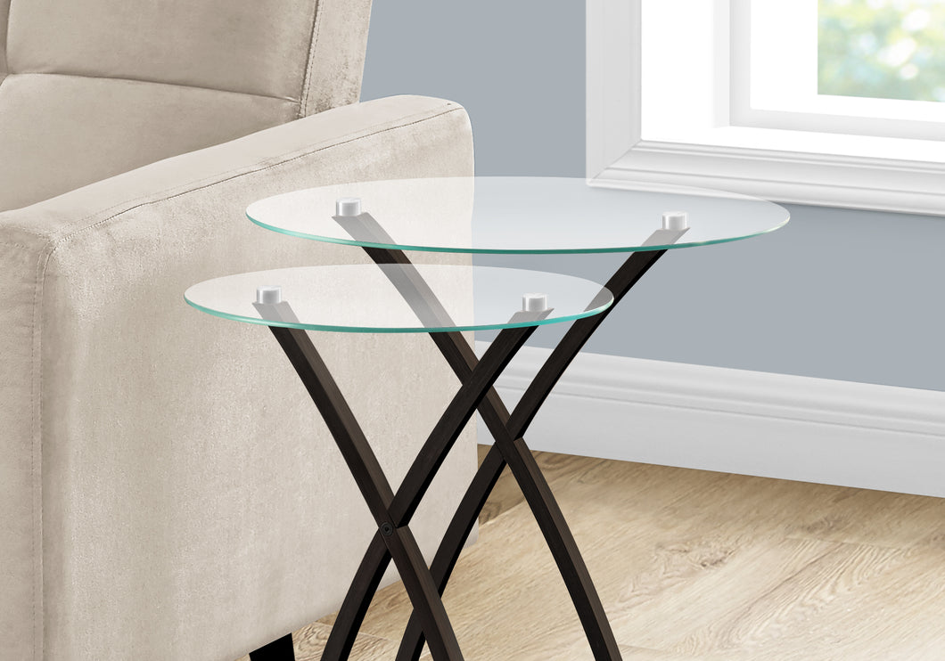 Table gigogne, ensemble de 2, côté, extrémité, verre trempé, accent, salon, chambre à coucher, bois massif, verre trempé, marron foncé, transparent, contemporain, moderne