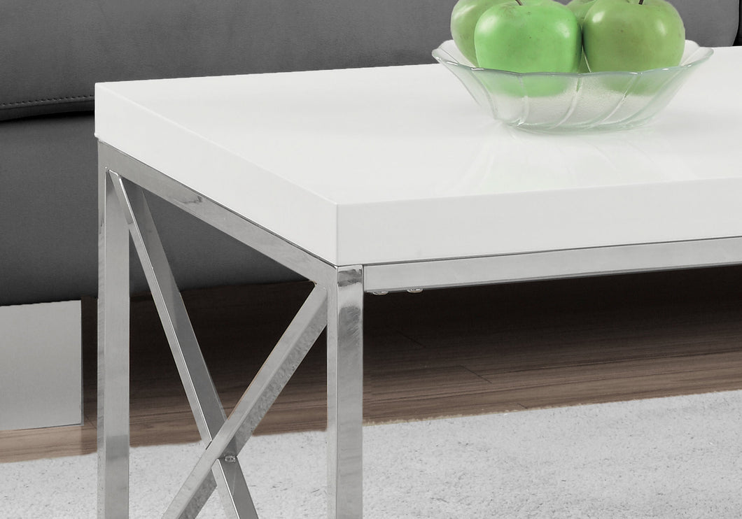 Coffee Table, Accent, Cocktail, Rectangular, Living Room, Metal Frame, Laminate, Glossy White, Chrome, Contemporary, Modern