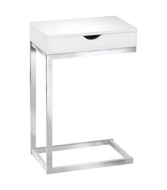 Accent Table, C-Shaped, End, Side, Snack, Living Room, Bedroom, Storage Drawer, Metal Legs, Laminate, Glossy White, Chrome, Contemporary, Modern