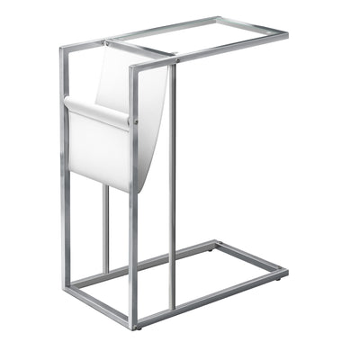 Accent Table, C-Shaped, End, Side, Snack, Living Room, Bedroom, Magazine Storage, Metal Legs, Leather Look, Tempered Glass, Chrome, Clear, Contemporary, Modern