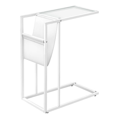 Accent Table, C-Shaped, End, Side, Snack, Living Room, Bedroom, Magazine Storage, Metal Legs, Leather Look, Tempered Glass, White, Chrome, Contemporary, Modern