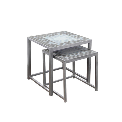 Nesting Table, Set Of 2, Side, End, Metal, Accent, Living Room, Bedroom, Metal Base, Tile, Blue, Silver, Transitional