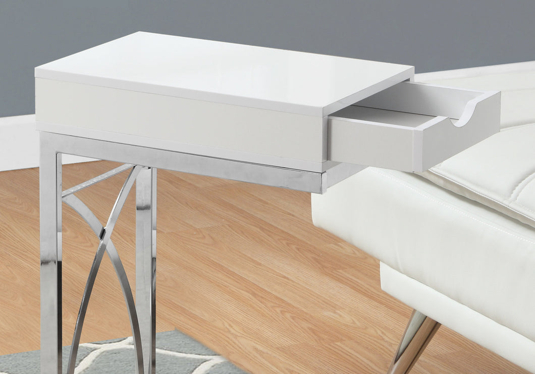 Table d'appoint, en forme de C, d'extrémité, de côté, snack, salon, chambre à coucher, tiroir de rangement, pieds en métal, stratifié, blanc brillant, chrome, contemporain, moderne