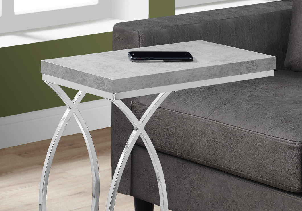 Table d'appoint, en forme de C, bout, côté, snack, salon, chambre à coucher, pieds en métal, stratifié, aspect ciment gris, chrome, contemporain, moderne