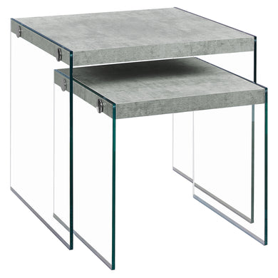 Nesting Table, Set Of 2, Side, End, Tempered Glass, Accent, Living Room, Bedroom, Tempered Glass, Laminate, Grey Cement Look, Clear, Contemporary, Modern