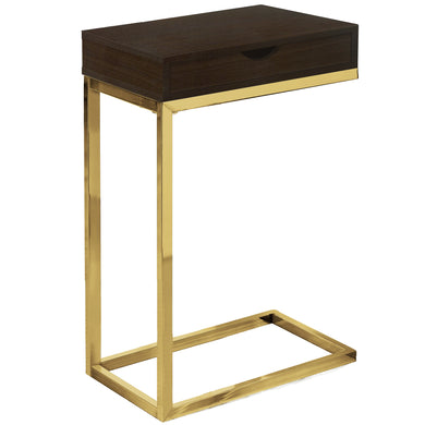 Accent Table, C-Shaped, End, Side, Snack, Living Room, Bedroom, Storage Drawer, Metal Legs, Laminate, Dark Brown, Gold, Contemporary, Modern