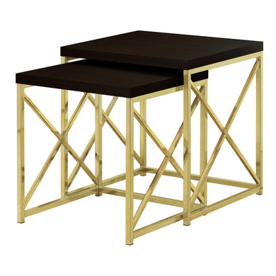 Nesting Table, Set Of 2, Side, End, Metal, Accent, Living Room, Bedroom, Metal Base, Laminate, Dark Brown, Gold, Contemporary, Modern