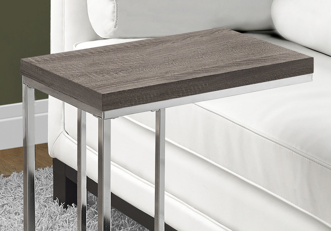 Accent Table, C-Shaped, End, Side, Snack, Living Room, Bedroom, Metal Legs, Laminate, Dark Taupe, Chrome, Contemporary, Modern