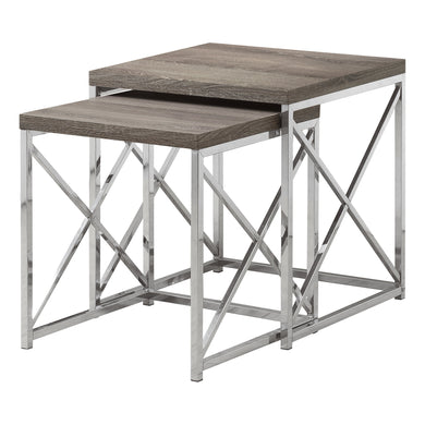 Nesting Table, Set Of 2, Side, End, Metal, Accent, Living Room, Bedroom, Metal Base, Laminate, Dark Taupe, Chrome, Contemporary, Modern