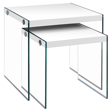 Nesting Table, Set Of 2, Side, End, Tempered Glass, Accent, Living Room, Bedroom, Tempered Glass, Laminate, Glossy White, Clear, Contemporary, Modern