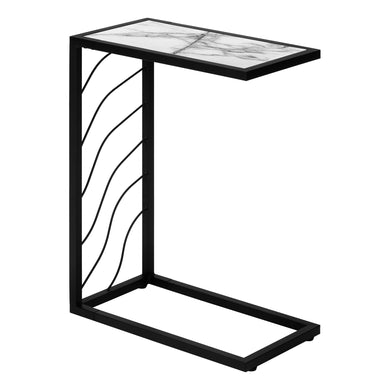 Accent Table, C-Shaped, End, Side, Snack, Living Room, Bedroom, Metal Frame, Laminate, White Marble Look, Black, Contemporary, Modern