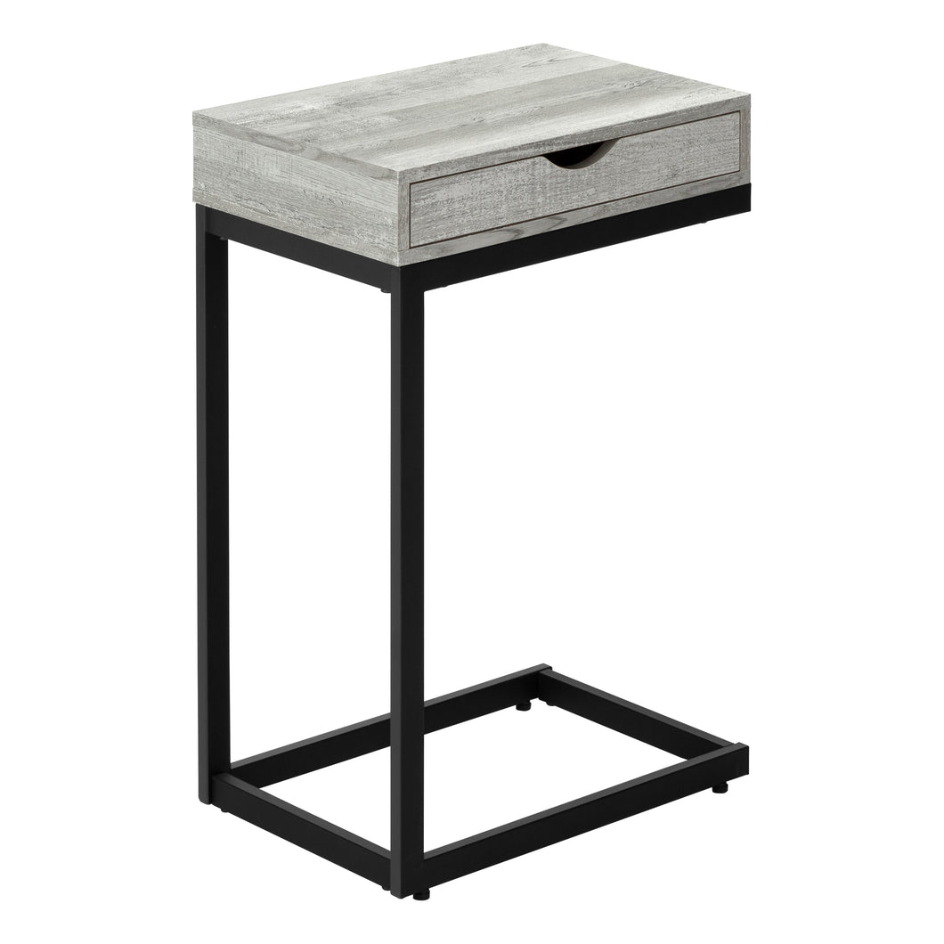 Accent Table, C-Shaped, End, Side, Snack, Living Room, Bedroom, Storage Drawer, Metal Legs, Laminate, Grey Reclaimed Wood Look, Black, Contemporary, Modern