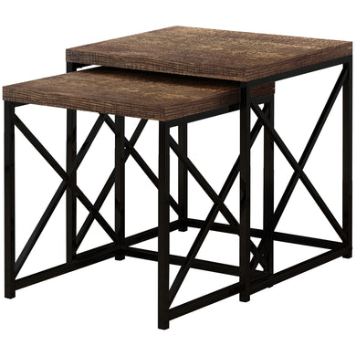 Nesting Table, Set Of 2, Side, End, Metal, Accent, Living Room, Bedroom, Metal Base, Laminate, Brown Reclaimed Wood Look, Black, Contemporary, Modern