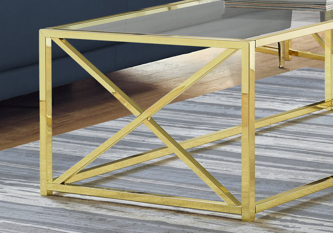 Coffee Table, Accent, Cocktail, Rectangular, Living Room, Metal Frame, Tempered Glass, Gold, Contemporary, Modern