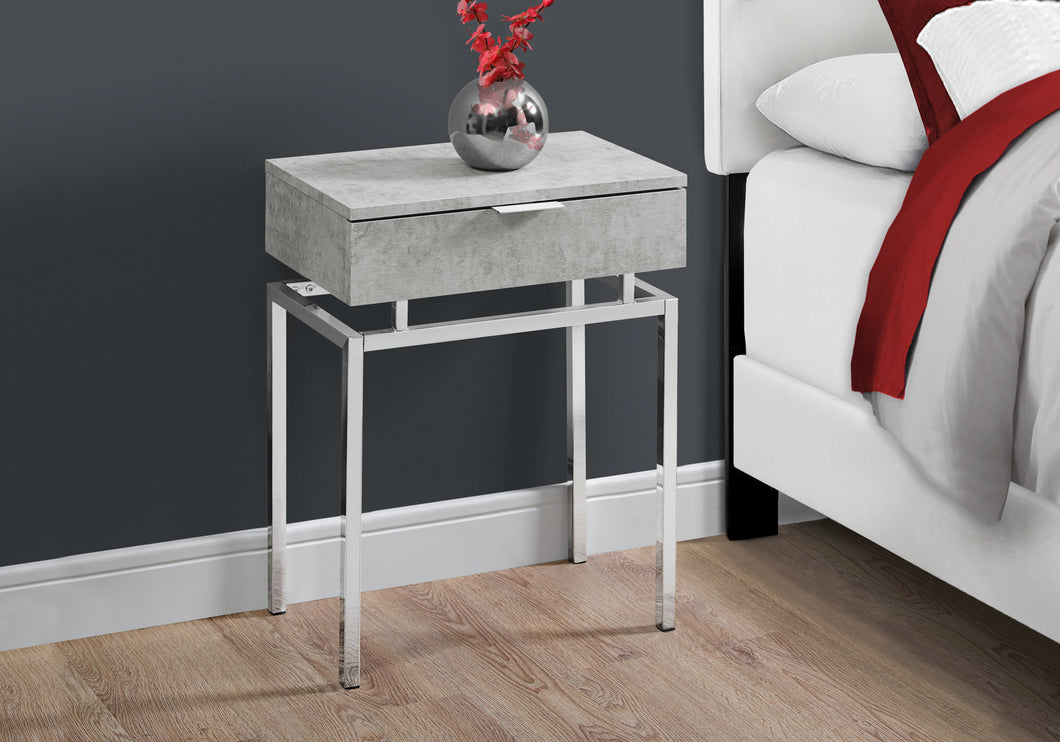 Table d'appoint, côté, bout, table de chevet, lampe, salon, chambre à coucher, pieds en métal, stratifié, aspect ciment gris, chrome, contemporain, moderne