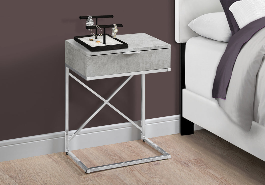 Table d'appoint, côté, bout, table de chevet, lampe, salon, chambre à coucher, pieds en métal, stratifié, aspect ciment gris, chrome, contemporain, moderne