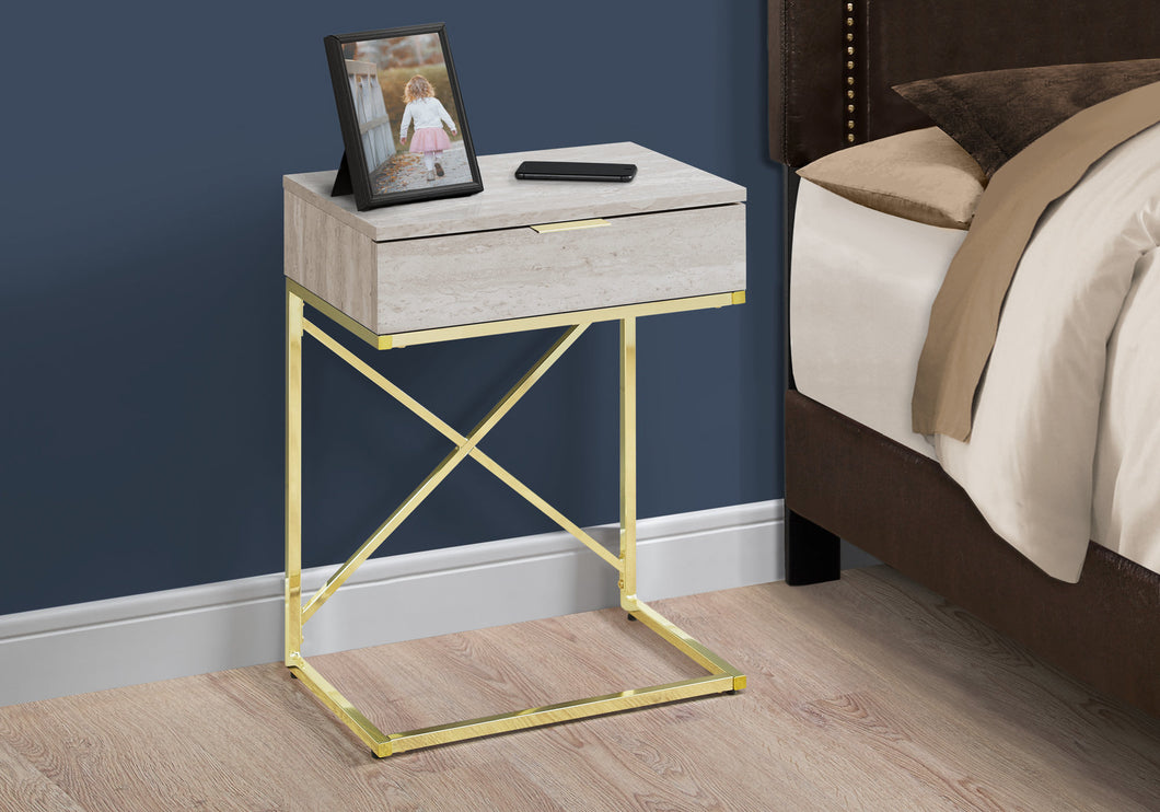 Accent Table, Side, End, Nightstand, Lamp, Living Room, Bedroom, Metal Legs, Laminate, Beige Marble, Gold, Contemporary, Modern