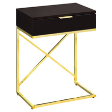 Charger l&#39;image dans la galerie, Accent Table, Side, End, Nightstand, Lamp, Living Room, Bedroom, Metal Legs, Laminate, Dark Brown, Gold, Contemporary, Modern
