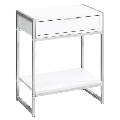 Accent Table, Side, End, Nightstand, Lamp, Living Room, Bedroom, Metal Legs, Laminate, Glossy White, Chrome, Contemporary, Modern