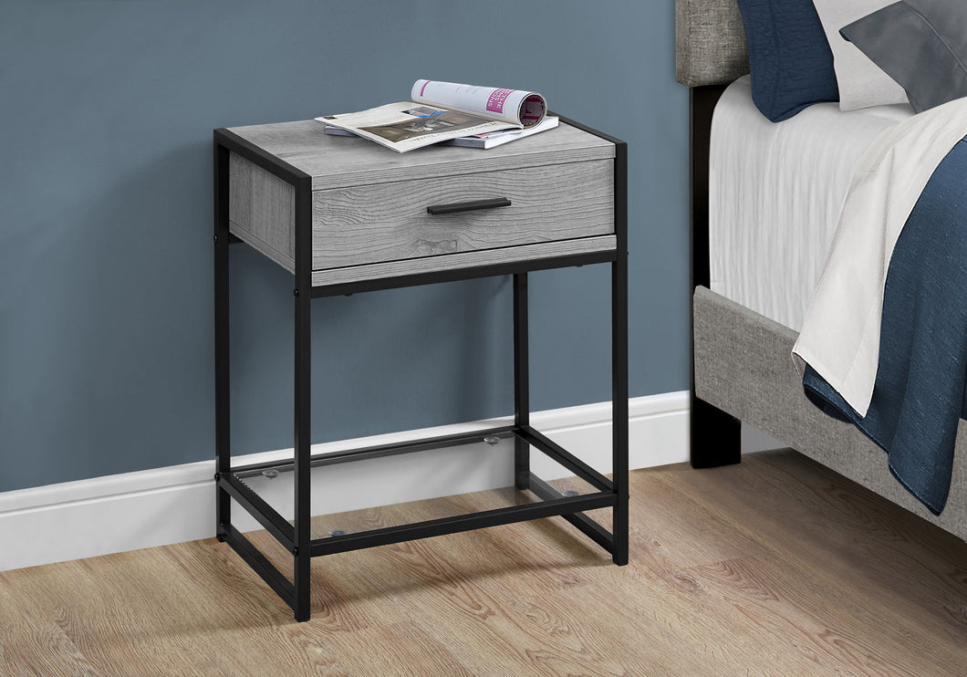 Accent Table, Side, End, Nightstand, Lamp, Living Room, Bedroom, Metal Legs, Tempered Glass And Laminate, Grey, Black, Contemporary, Modern