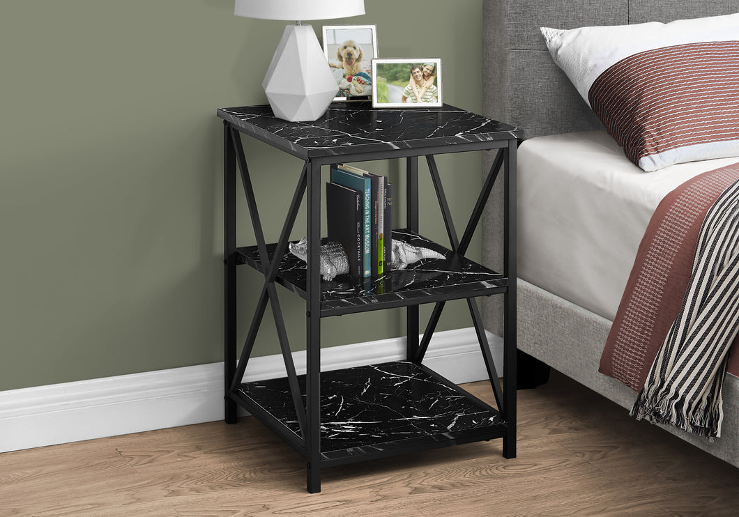 Accent Table, Side, End, Nightstand, Lamp, Living Room, Bedroom, Metal Legs, Laminate, Black Marble-Look, Contemporary, Glam, Modern