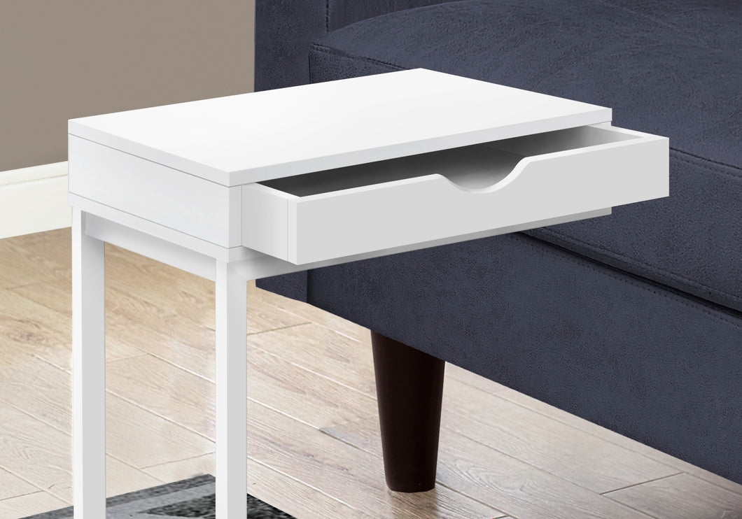 Table d'appoint, en forme de C, bout, côté, snack, salon, chambre à coucher, tiroir de rangement, cadre en métal, stratifié, blanc, blanc, contemporain, moderne