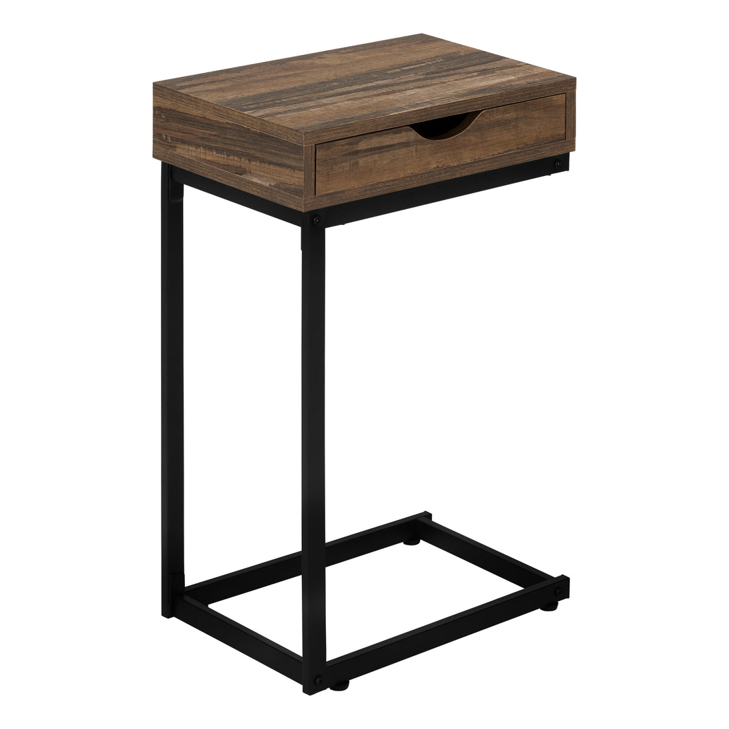 Accent Table, C-Shaped, End, Side, Snack, Living Room, Bedroom, Storage Drawer, Metal Frame, Laminate, Brown Reclaimed Wood Look, Black, Contemporary, Modern