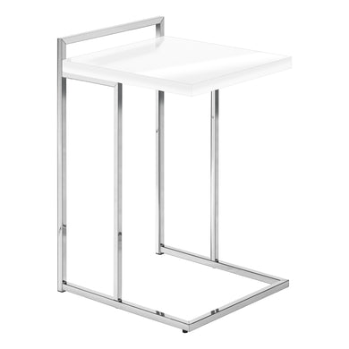 Accent Table, C-Shaped, End, Side, Snack, Living Room, Bedroom, Metal Frame, Laminate, Glossy White, Chrome, Contemporary, Modern