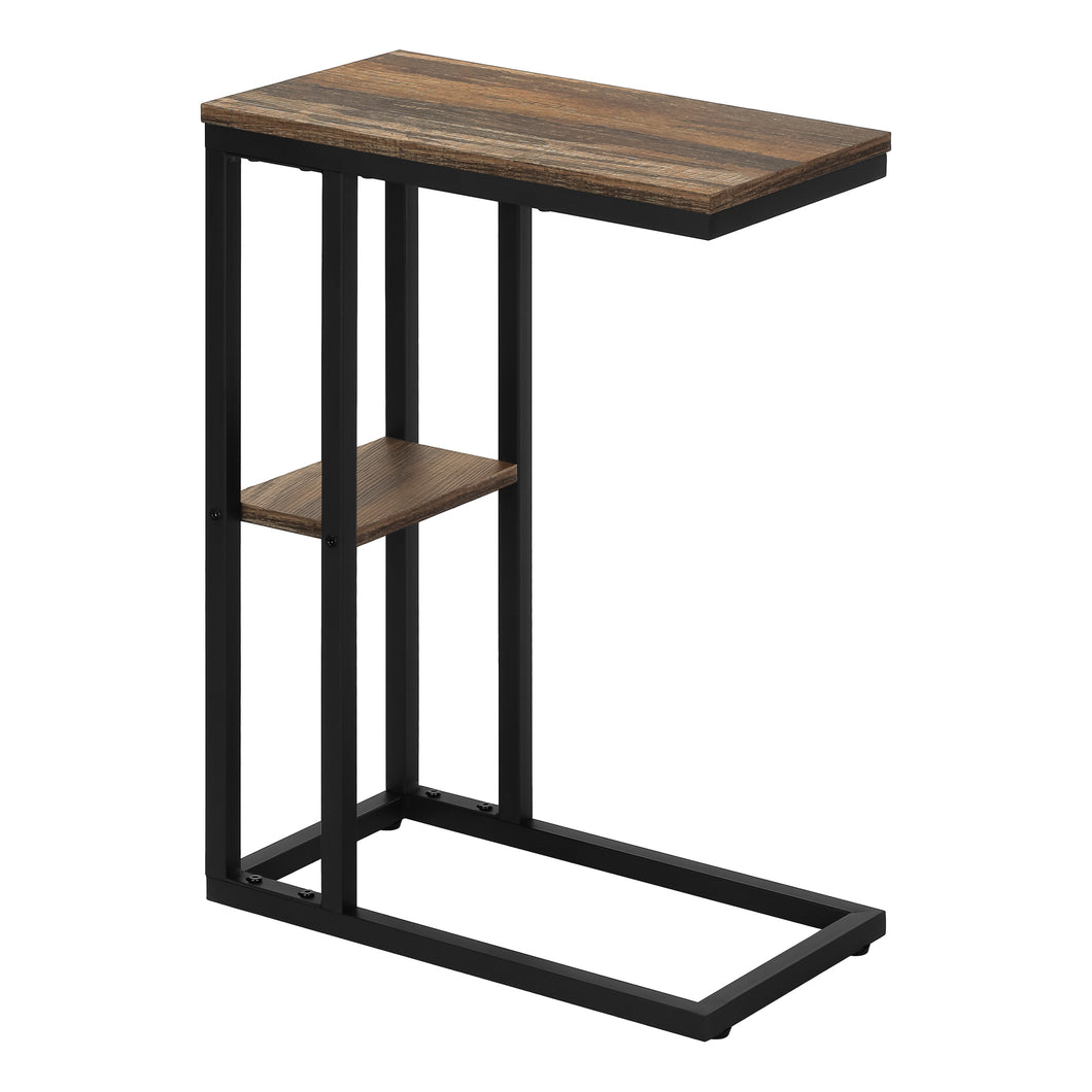 Accent Table, C-Shaped, End, Side, Snack, Living Room, Bedroom, Metal Legs, Laminate, Brown Reclaimed Wood Look, Black, Contemporary, Modern