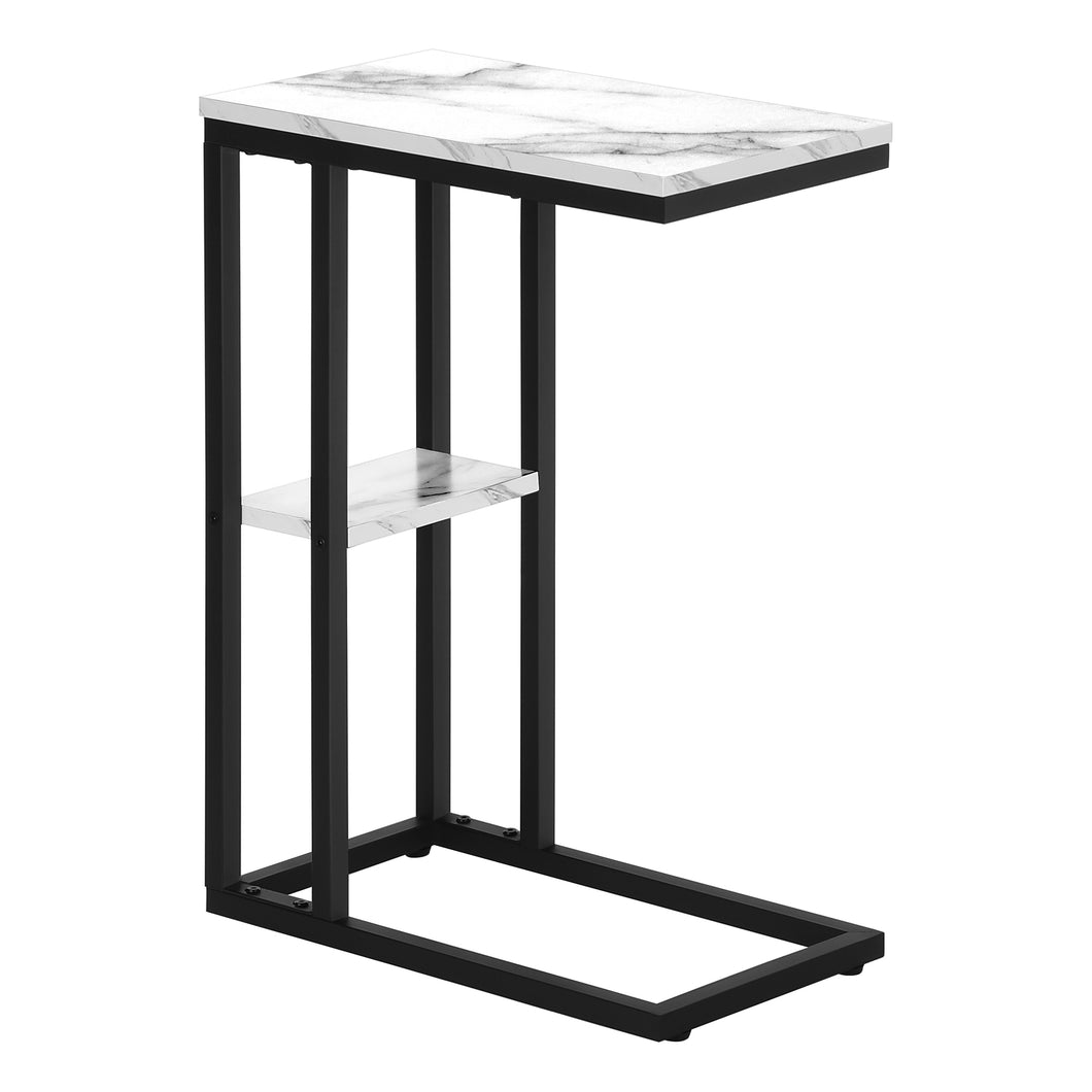 Accent Table, C-Shaped, End, Side, Snack, Living Room, Bedroom, Metal Legs, Laminate, White Marble Look, Black, Contemporary, Modern