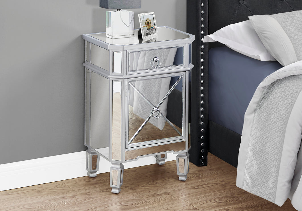 Side Table / Nightstand - Mirrored / 1 Storage Drawer / 1 Cabinet - 28