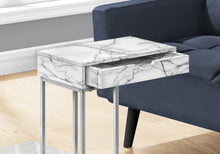 Load image into Gallery viewer, Side Table / C Table - 1 Storage Drawer, Pass-Through / Rectangular - 25&quot;H - White Marble-Look  / Silver
