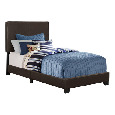 Bed, Frame, Platform, Bedroom, Twin Size, Upholstered, Leather Look, Wood Legs, Dark Brown, Black, Contemporary, Modern