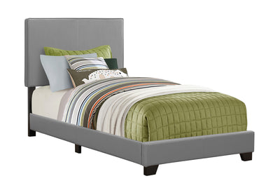 Bed, Frame, Platform, Bedroom, Twin Size, Upholstered, Leather Look, Wood Legs, Grey, Black, Contemporary, Modern