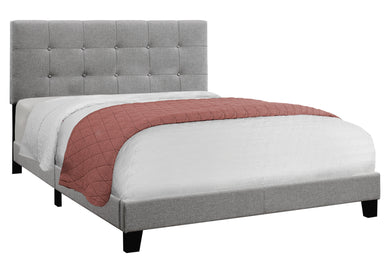 Bed, Frame, Platform, Bedroom, Queen Size, Upholstered, Linen Look Fabric, Wood Legs, Grey, Black, Contemporary, Modern