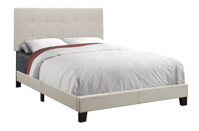 Bed, Frame, Platform, Bedroom, Full Size, Upholstered, Linen Look Fabric, Wood Legs, Beige, Black, Contemporary, Modern