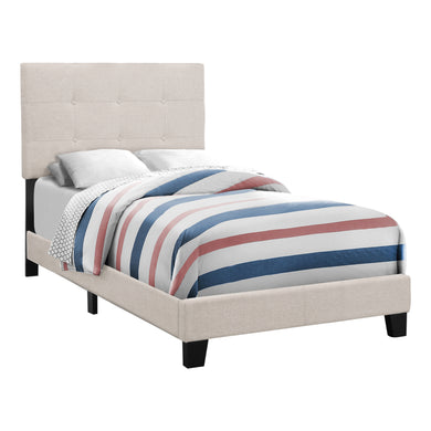 Bed, Frame, Platform, Teen, Bedroom, Upholstered, Twin Size, Linen Look Fabric, Wood Legs, Beige, Black, Contemporary, Modern