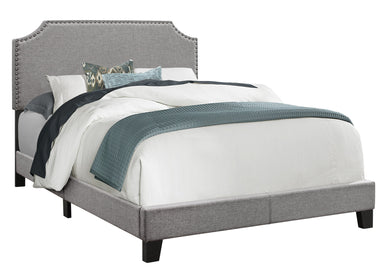 Bed, Frame, Platform, Bedroom, Full Size, Upholstered, Linen Look Fabric, Wood Legs, Grey, Black, Transitional