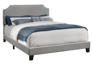 Bed, Frame, Platform, Bedroom, Queen Size, Upholstered, Linen Look Fabric, Wood Legs, Grey, Black, Transitional